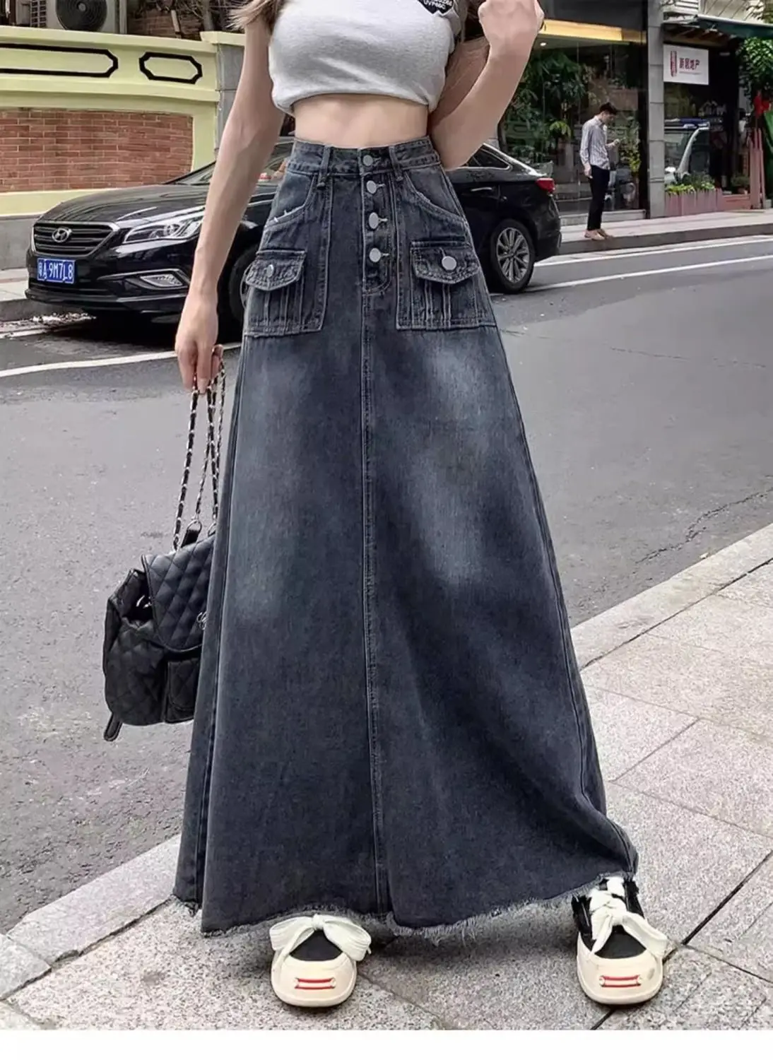 Imagem -05 - Saia Jeans Longa Coreana Feminina Tamanho Grande Saia Jeans Casual Saia de Cowboy de Cintura Alta Roupa de Rua Nova para Primavera e Outono 2023