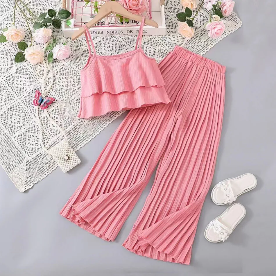 Summer Fashion for Teen Girls Elegant Strap Top with Ruffled Hem and Pleated Pants 2 Piece Outfit Children Stylish Clothing Set