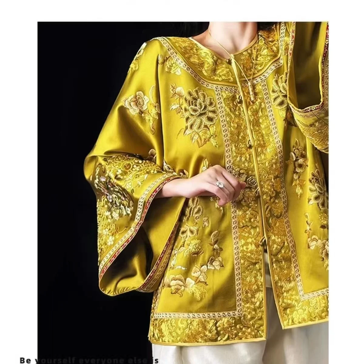 New Chinese Style Gold Hanfu Women's Traditional Heavy Industry Printing Outerwear Costume Palace Vintage Top Shirt AutumnWinter