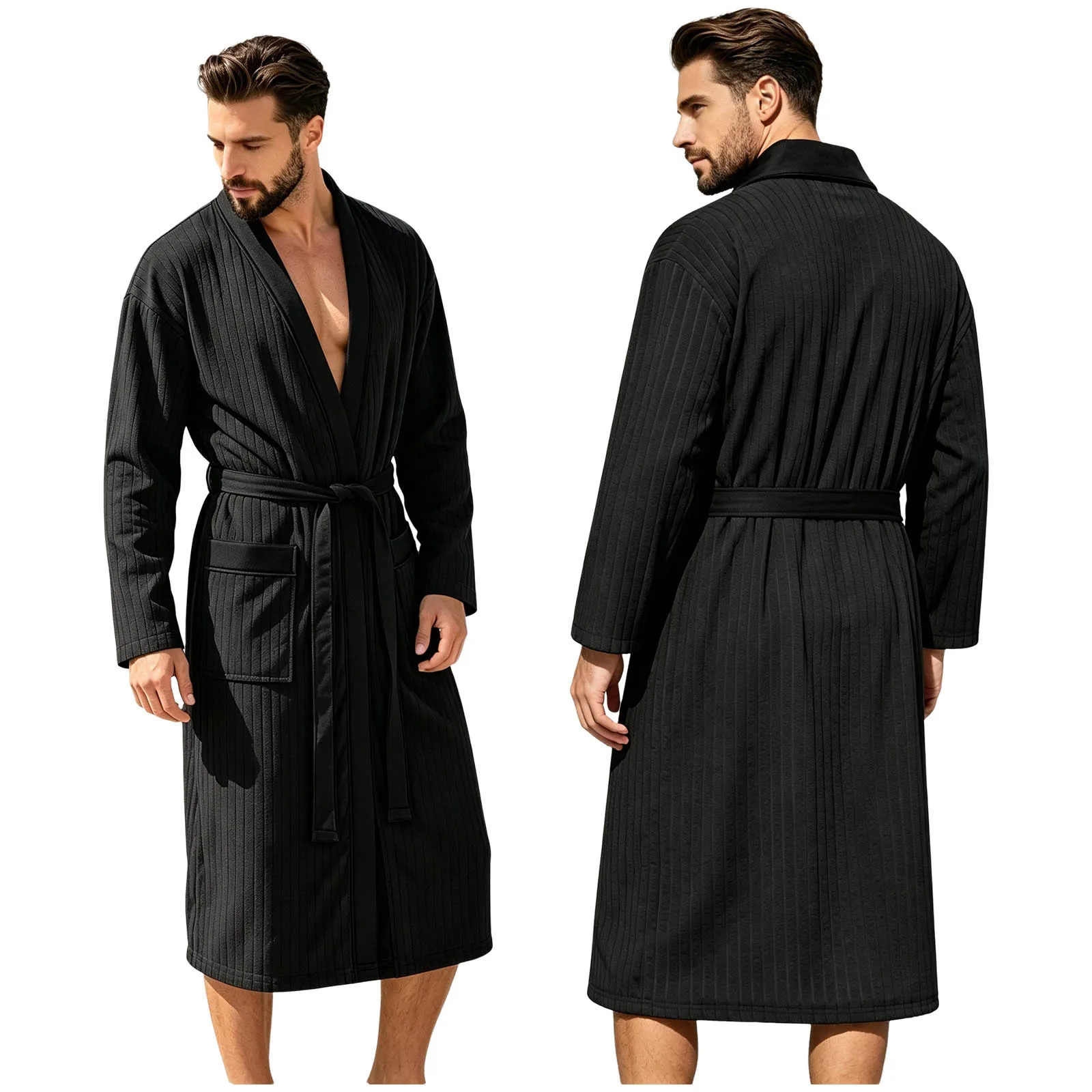Men Long Sleeve Open Pockets Ribbed Night-robe Bathrobe with Belt Pajamas Sleep Robe Nightgown Loungewear Homewear Sleepwear