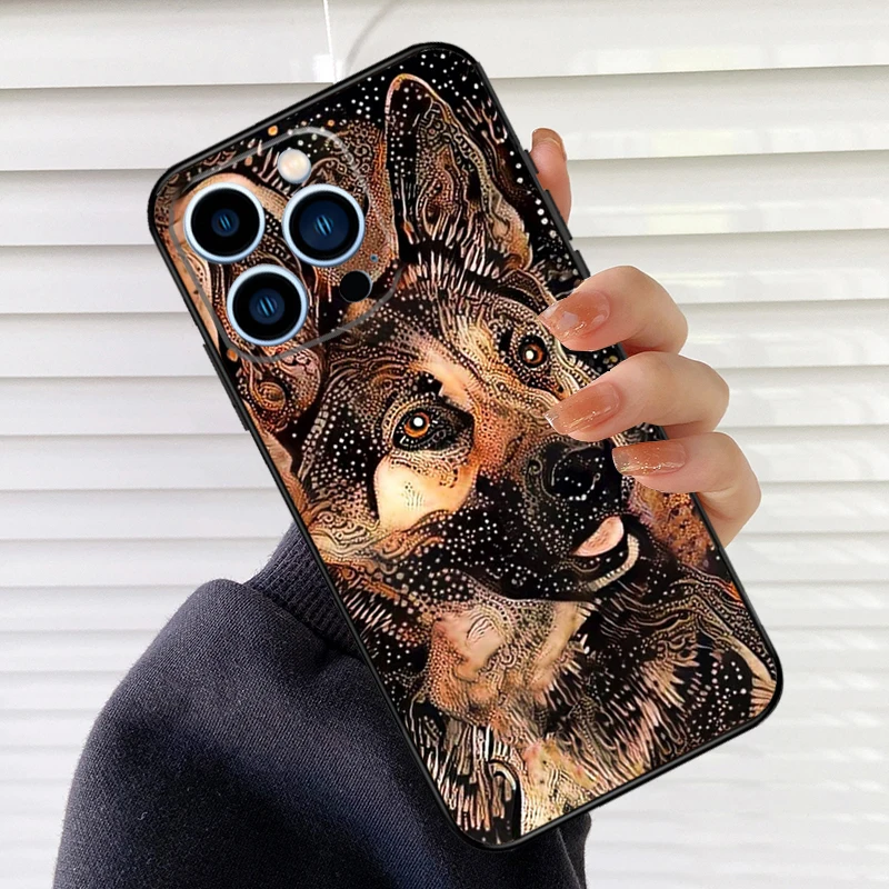 Cartoon German Shepherd Dog Phone Case For iPhone 16 15 11 12 14 Pro Max XR XS Max X Plus 13 14 Pro Soft Silicone Back Cover