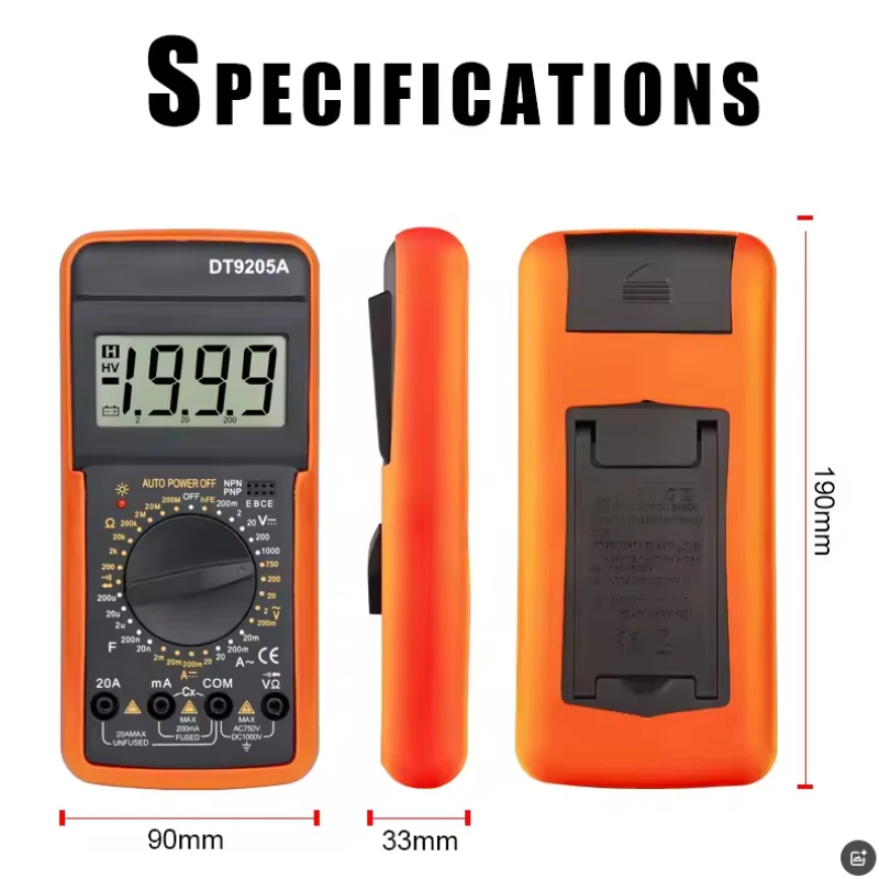 DT9205A Multimeter Digital Portabel multi meter AC / DC tegangan meter DC Ammeter resistansi tester