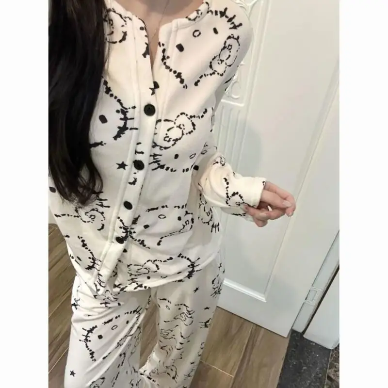 

Sanrio Hello Kitty Women's Sleeping Pajamas Sets Kawaii Cartoon Winter Long Sleeve Pant Warm Sleepwear Thick Style Home Clothes