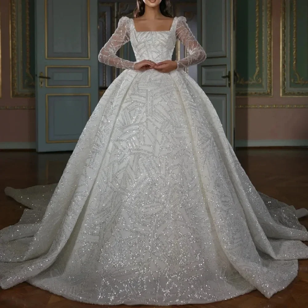 

On Zhu Customized Ball Gown Square Neck Wedding Dresses Sparkly Sequined Lace Long Sleeves Bride Gown Vestido De Novia 2025