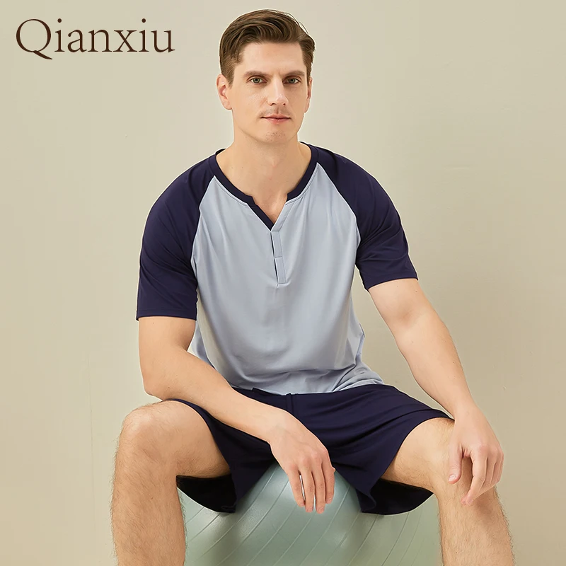 Striped Men\'s Pyjamas Men\'s Striped Knitted Cotton Home Suit Summer Home Simple Style Men\'s Pyjamas Striped Men\'s Pyjamas