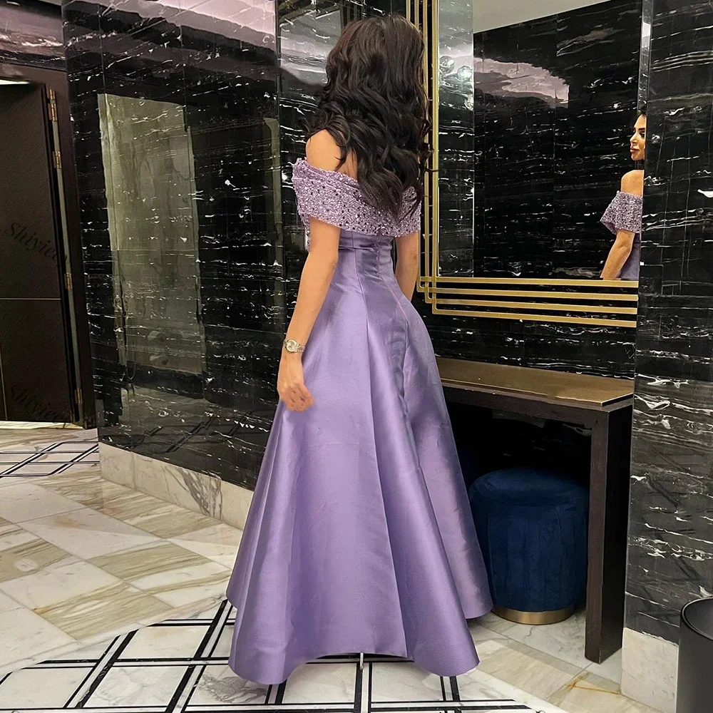 Customization Sexy Purple Glitter Evening Dress A-line Off Shoulder Celebrity Dress Satin Saudi Arabia Formal Party Dress