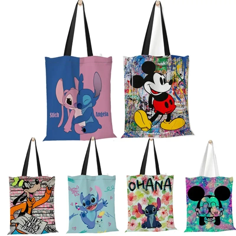 Disney Women\'s Handbag Mickey Mouse Lilo and Stitch Canvas Hand Bag Large Capacity Shopping Bags for Girls Shoulder Bags