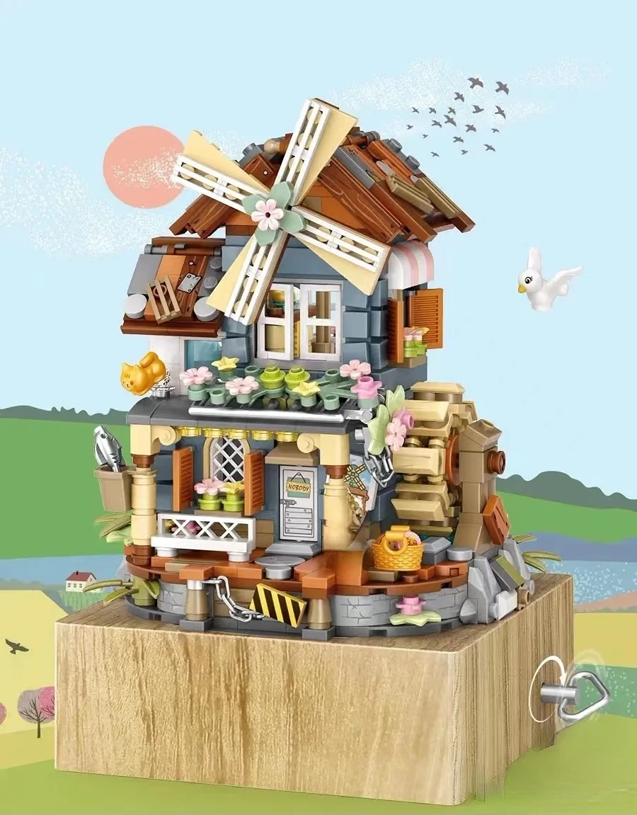 LOZ 1239 moulin à vent boîte à musique mini blocs enfants jouets de construction briques à monter soi-même filles cadeau boîte à musique chinois moulin à vent maison