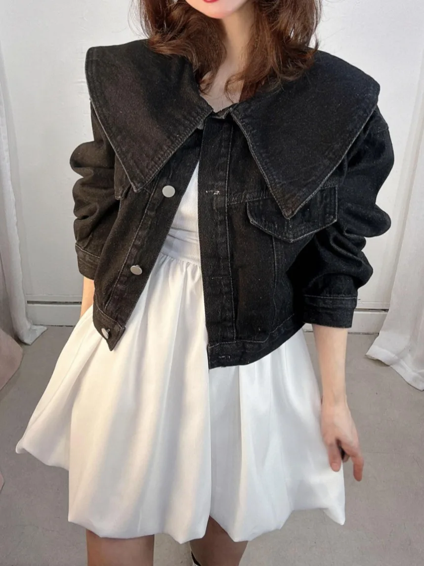 

Sweet Doll Collar Denim Jaet Women's Loose Silhouette Design ort Top Autumn New Sle Cotton 00% ort Length