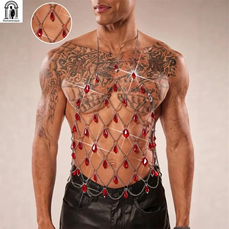 Rave Party See Through Body Harness Vest Men's Metal Chain Gemstone Vest With Diamond Plaid Crystal Pendant Sexy Backless Top