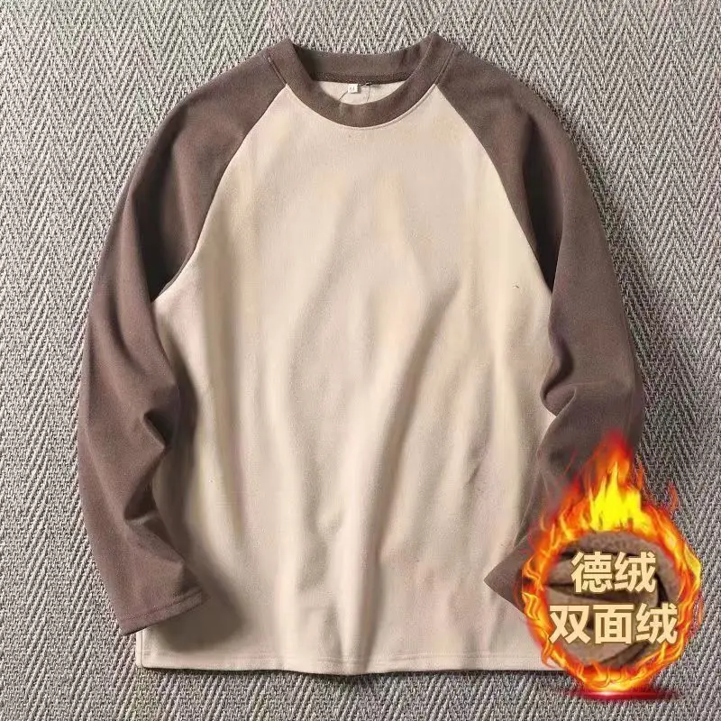 تي شيرت شتوي كبير الحجم بحجب الألوان على الوجهين تي شيرت مخملي دافئ فضفاض غير رسمي بأكمام طويلة ملابس نسائية