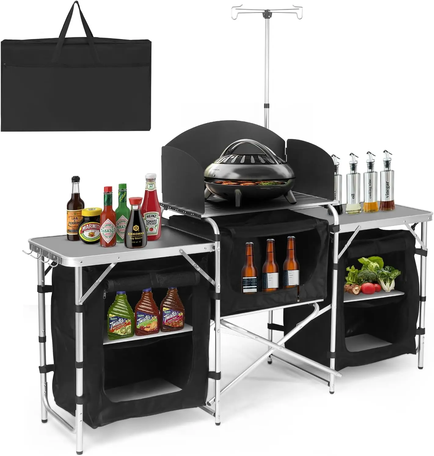 Camping Kitchen Table, Folding Table,Outdoor Cooking Table with Storage Carrying Bag, Aluminum Cook Station with Windscreen and