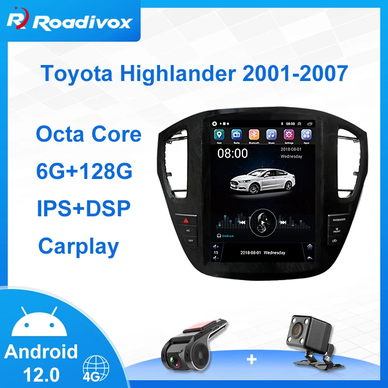 Autoradio avec écran vertical de 12.1 pouces, Android 12.0, navigation GPS, pour Toyota Kluger Highlander (2001-2007)