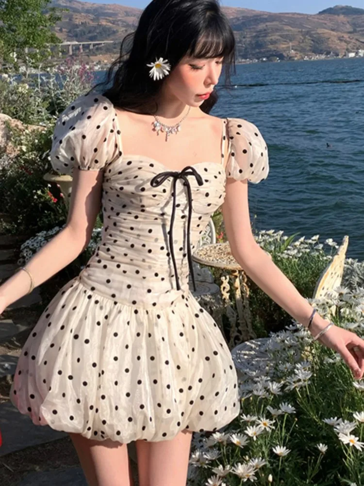 

Polka Dot Birthday Party Dress Off Shoulder Puff Sleeve A-line Ball Gown Mini Dresses for Women Korean Fashion One Piece Vestido