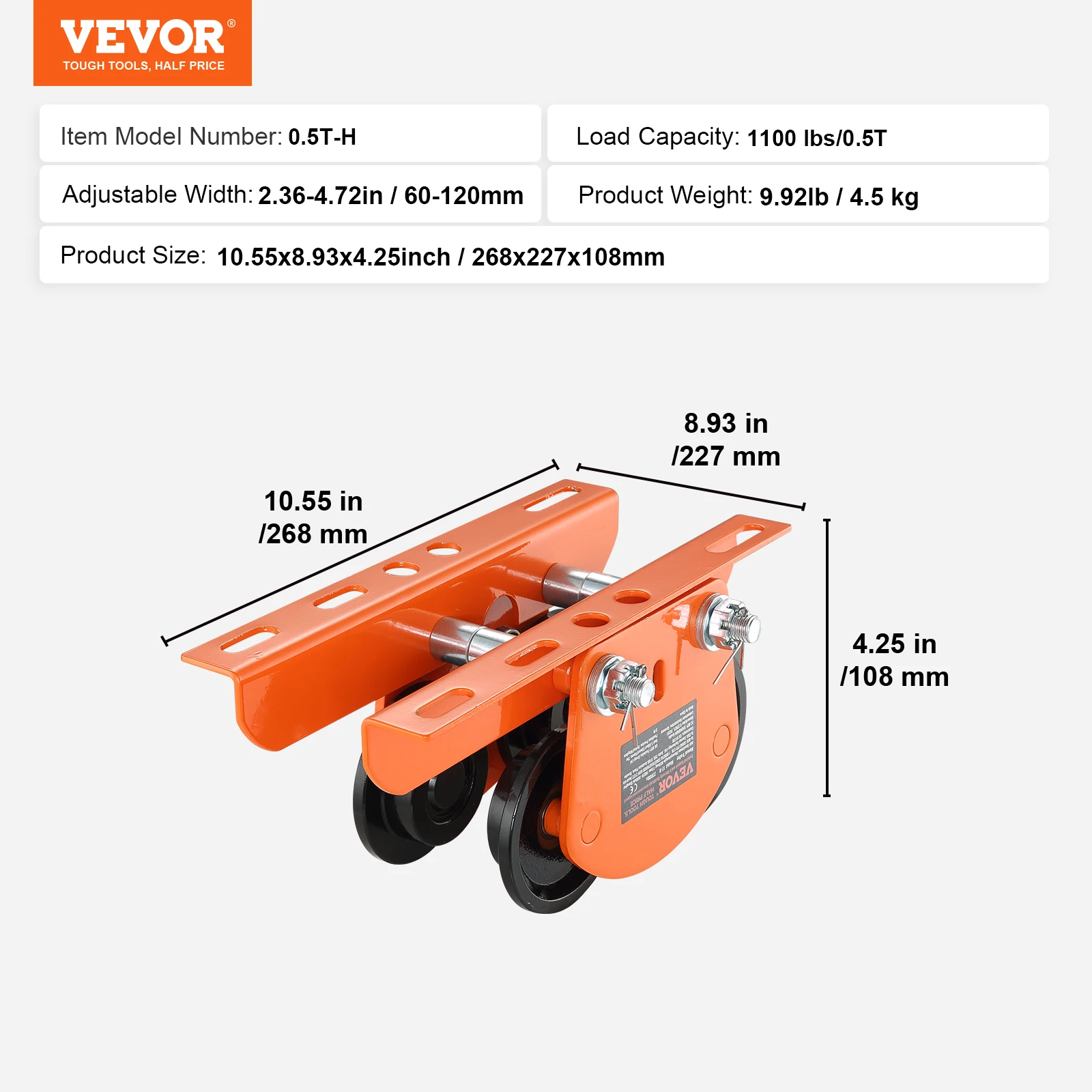 SucceBuy elektrische takel handmatige trolley 2200 lbs / 1T capaciteit voor PA200 PA250 PA300 PA400 PA500 duwbalk trolley met dubbele wielen
