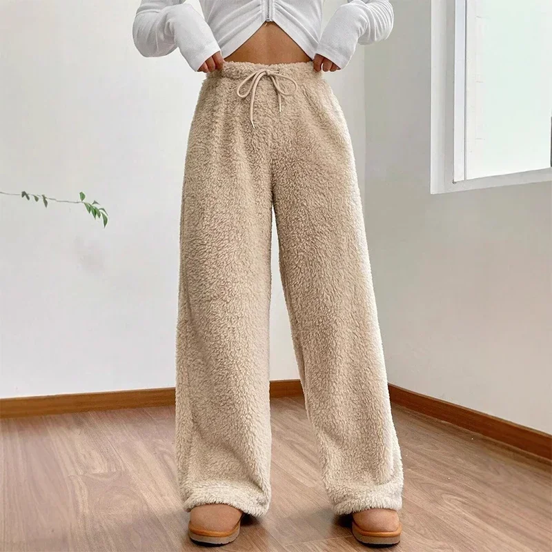 Winter Warm Solid Color Plush Women Long Pants Drawtring High Waist Thermal Sweatpants Casual Straight Fluffy Ladies Trousers