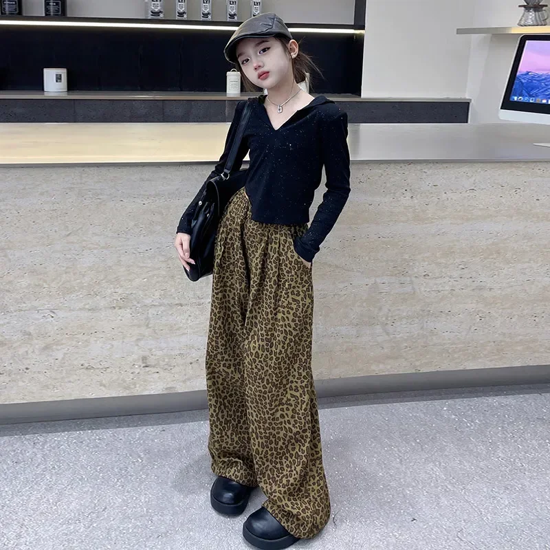 Girls' autumn outfit set 2024 new item children's  sweet and cool leopard print pants spicy girl two-piece set trendy