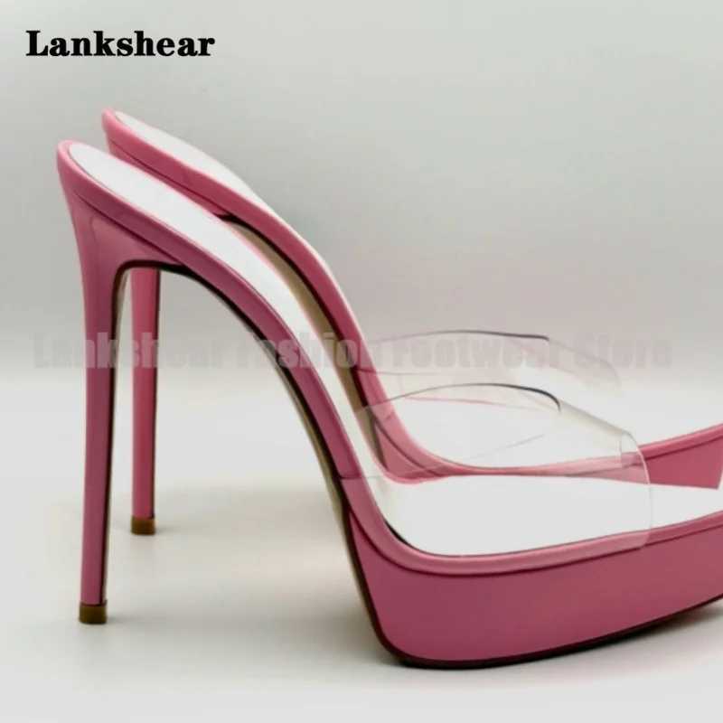 Clear Pvc Platform Mules Slippers Pointed Toe Stiletto Heels Slip-On Dress Sandals Women Shoes Summer Sandalias De Mujer Verano