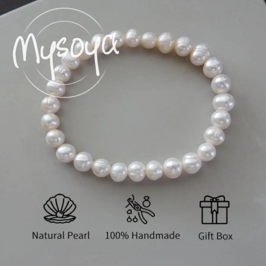 

MYSOYA 7-8mm/8-9mm Natural White Freshwater Pearl Stretch Bracelet For Her With Gift Box Birthday Wedding Christmas Jewelry Gift