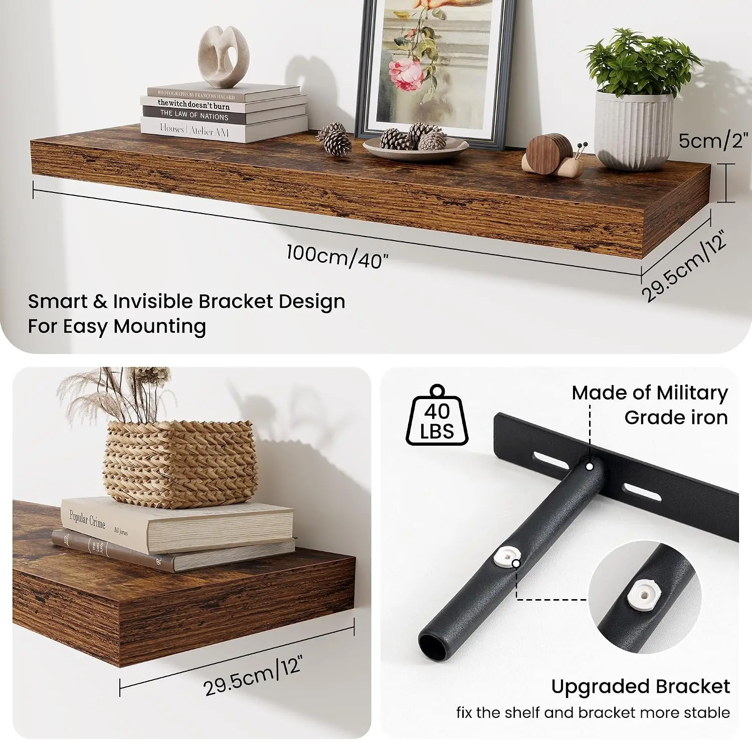 Floating Shelves for Wall, 40 Inch Floating Shelf for Home Decor, Wall Mounted Rustic Wood Shelves 12 Inch Deep, Hanging Deep Sh