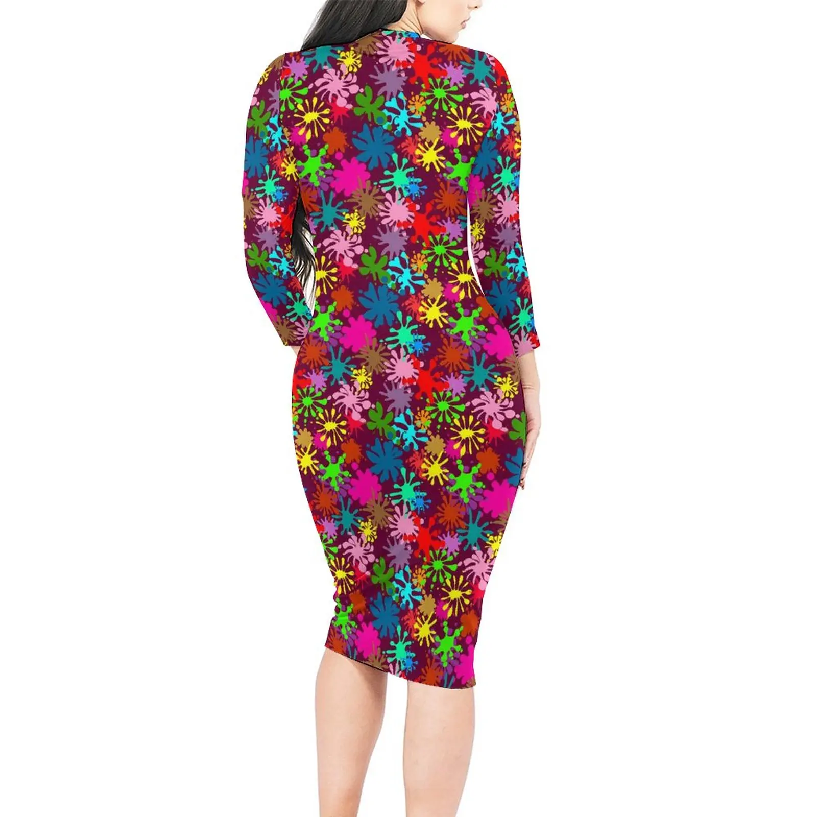 Cute Paint Splatter Bodycon Dress Womens Colorful Print Elegant Dresses Spring Long Sleeve Street Wear Printed Dress 3XL 4XL 5XL