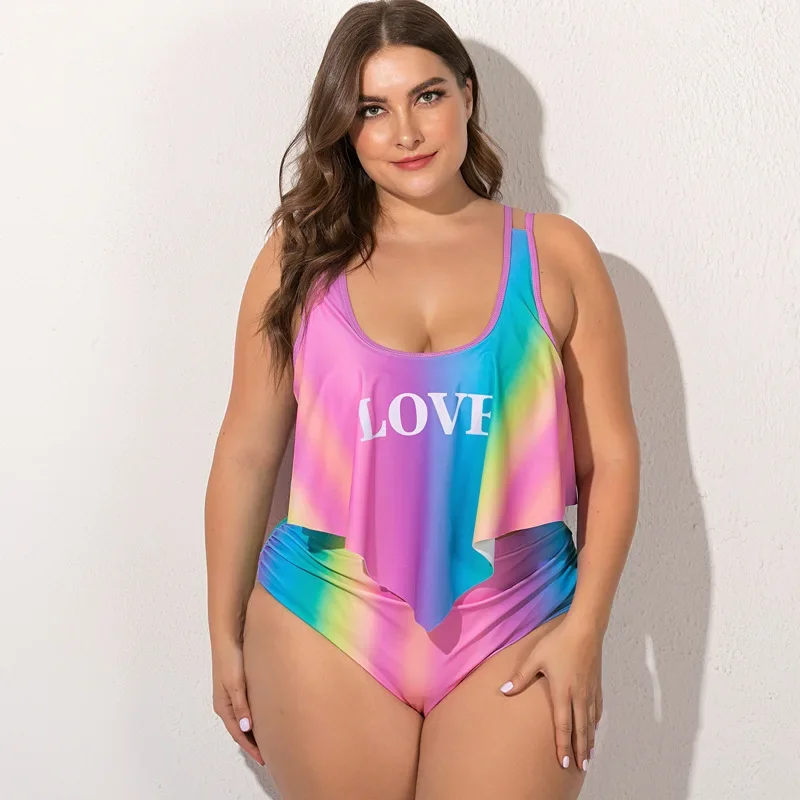 2023 Summer Plus Size Two Pieces Women's Bikinis Set Cactus/Letter Printed Ruffle Big Swimsuit Large Female Swimming Suits 5XL