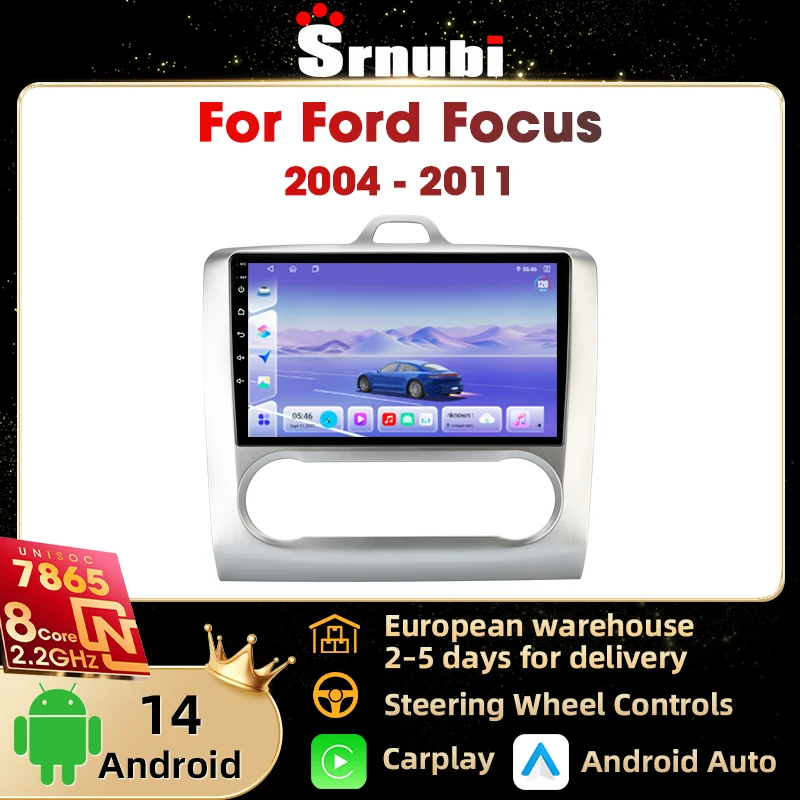 Srnubi Wireless Carplay Android Auto GPS Navigation Lecteur vidéo multimédia Autoradio 9 pouces pour Ford Focus 2 Mk2 2004 - 2011, unité principale 2 Din avec écran QLED compatible SWC, 8 cœurs UIS7865 DSP Bluetooth 5.4