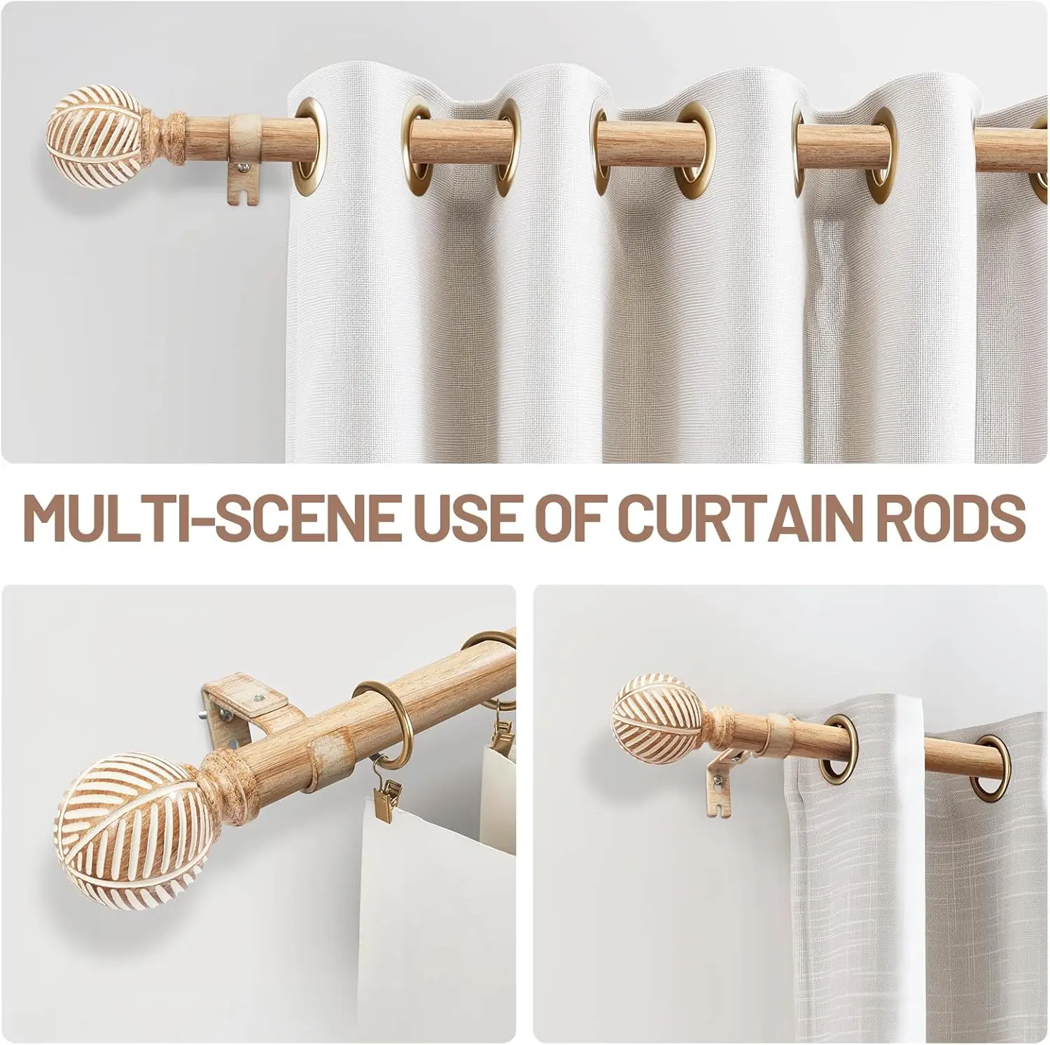 Wood Curtain Rods for Windows 32 to 168, 1 Inch Heavy Duty Drapery Rods with Imitation Wood Grain Leaf Pattern Finials, Indoor