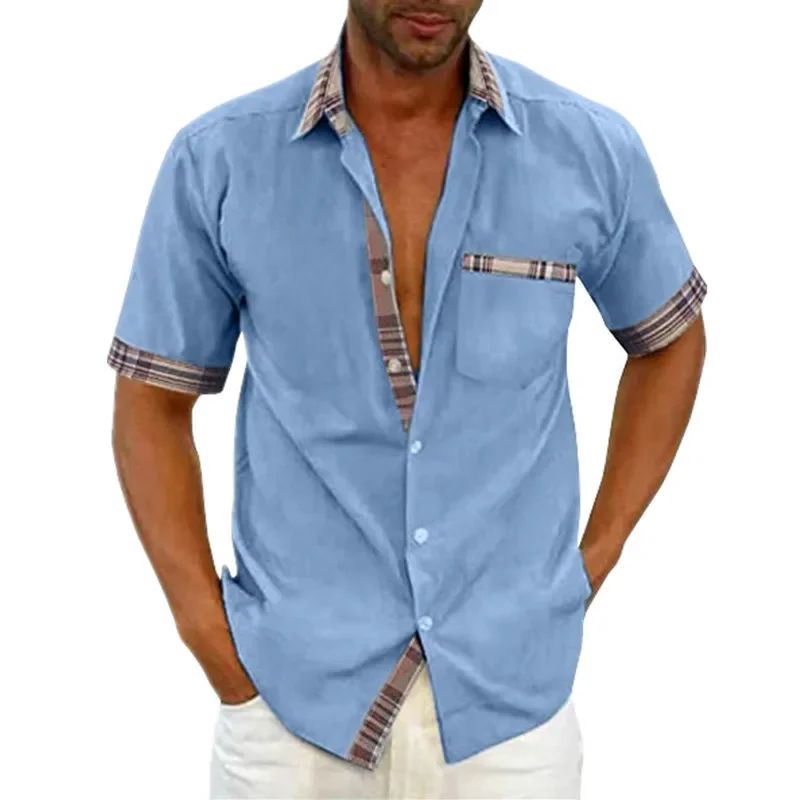 Camicia da uomo primavera estate tinta unita maniche corte colletto couverture tasche con bottoni moda casual comoda vestibilità standard regolare