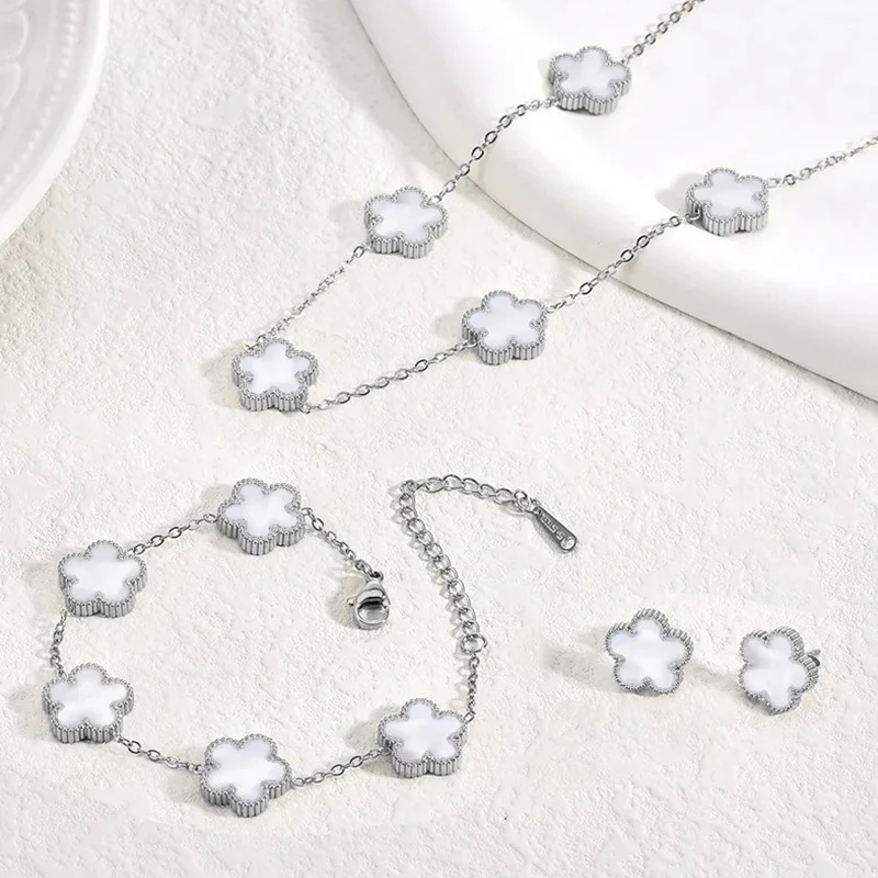 Stainless Steel Sets Earrings Necklace Bracelet Christmas Birthday Gifts Gold Plated Women\'s Double Sided Flower Elegant Fashion