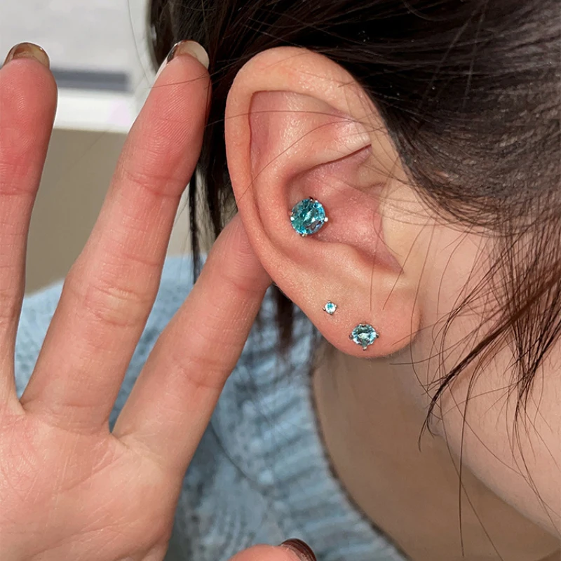 

Small fresh round blue crystal earings stud fashion stacking style silver 925 screw earrings for women chic jewelry gift