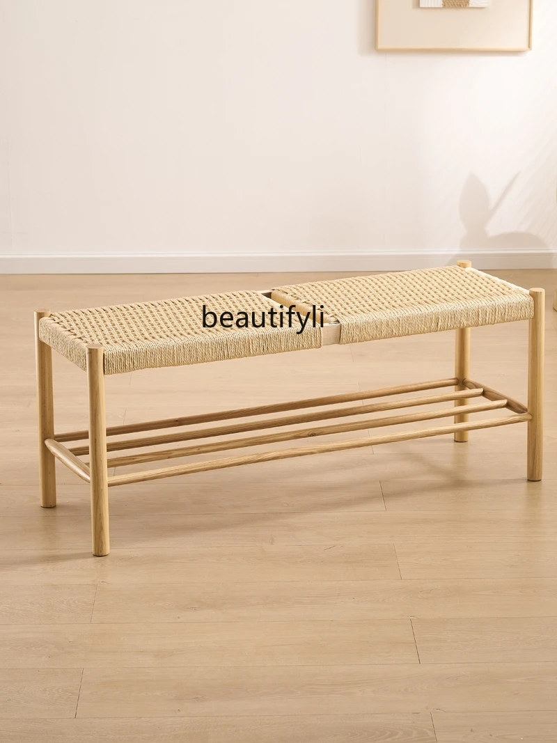 Nordic Solid Wood Rope Woven Shoe Changing Stool Japanese Simple Bed End Stool Wood Color Bed & Breakfast Bench