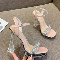 2024 Summer Women 12cm High Heels 3cm Platform Pumps Cross Belt Diamond  Sandals Square Toe Luxury Pink Silver Fashion Shoes