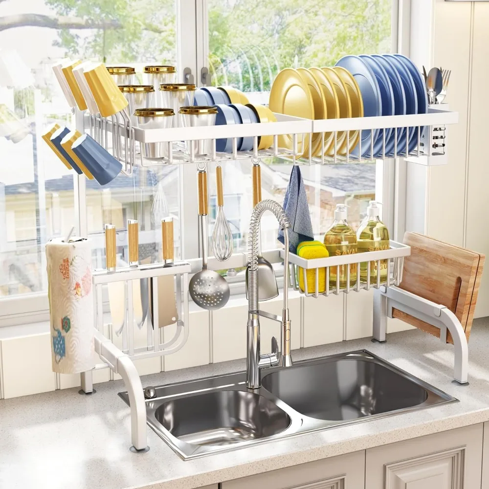 Over The Sink Dish Drying Rack, Adjustable (25.5 to 33.5 inch) 2 Tier Metal Steel Dish Drying Racks for Kitchen Counter with Hoo