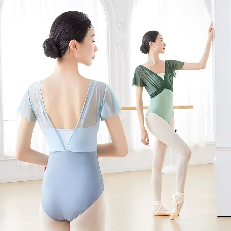 Justaucorps de Ballet pour femmes justaucorps de danse en Nylon épissé à manches courtes plis body de Ballet adulte faux justaucorps de gymnastique deux pièces