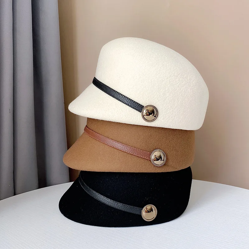 Japanese Fashion New PU Belt Decorative Wool Equestrian Hats For Women Autumn Winter Ladies Vintage Fedora Cap Fitted Hat Visor