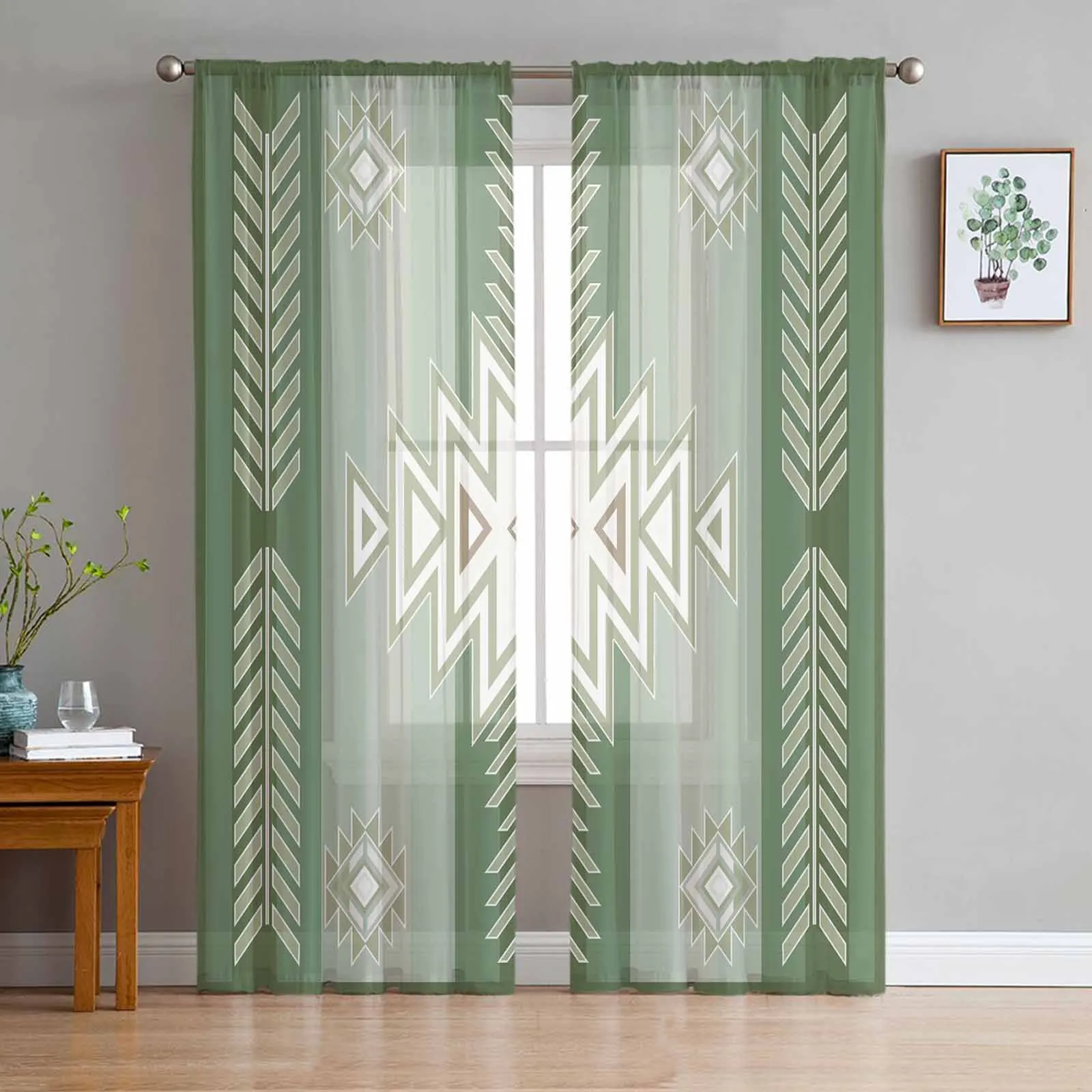 Bohemian Aztec Rural Farmhouse Sage Green Sheer Curtains for Living Room Decoration Window Curtains Kitchen Tulle Voile Curtains