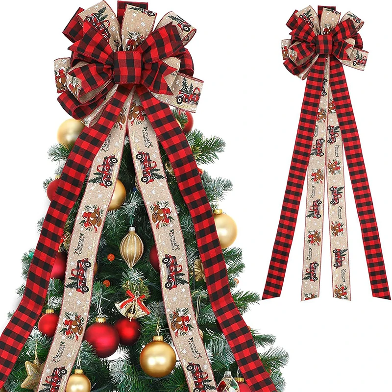 

Christmas Tree Big Red Topper Plaid Bowknot Handmade Gift Box Wrapping Decorative Large Bows New Year Party Wedding Decor