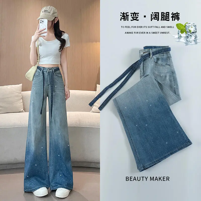

2026 New Fashion Women Summer Thin Drawstring High Waist Gradient Color Hotdrilled Straight Leg Jeansvertical Wideleg Floorpants