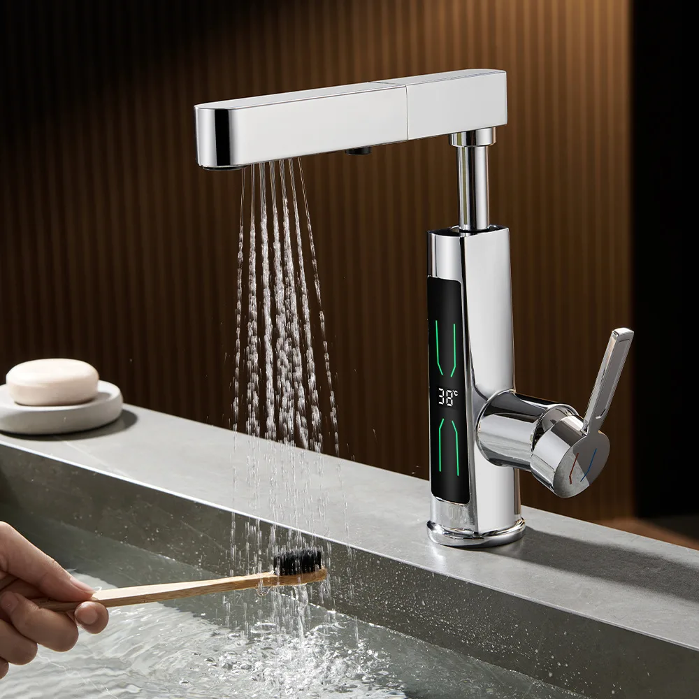 Digital Display Basin Faucet, Hot & Cold, Lift‑able Pull‑out Retractable Sink Tap for Mouth Rinsing and Face Washing