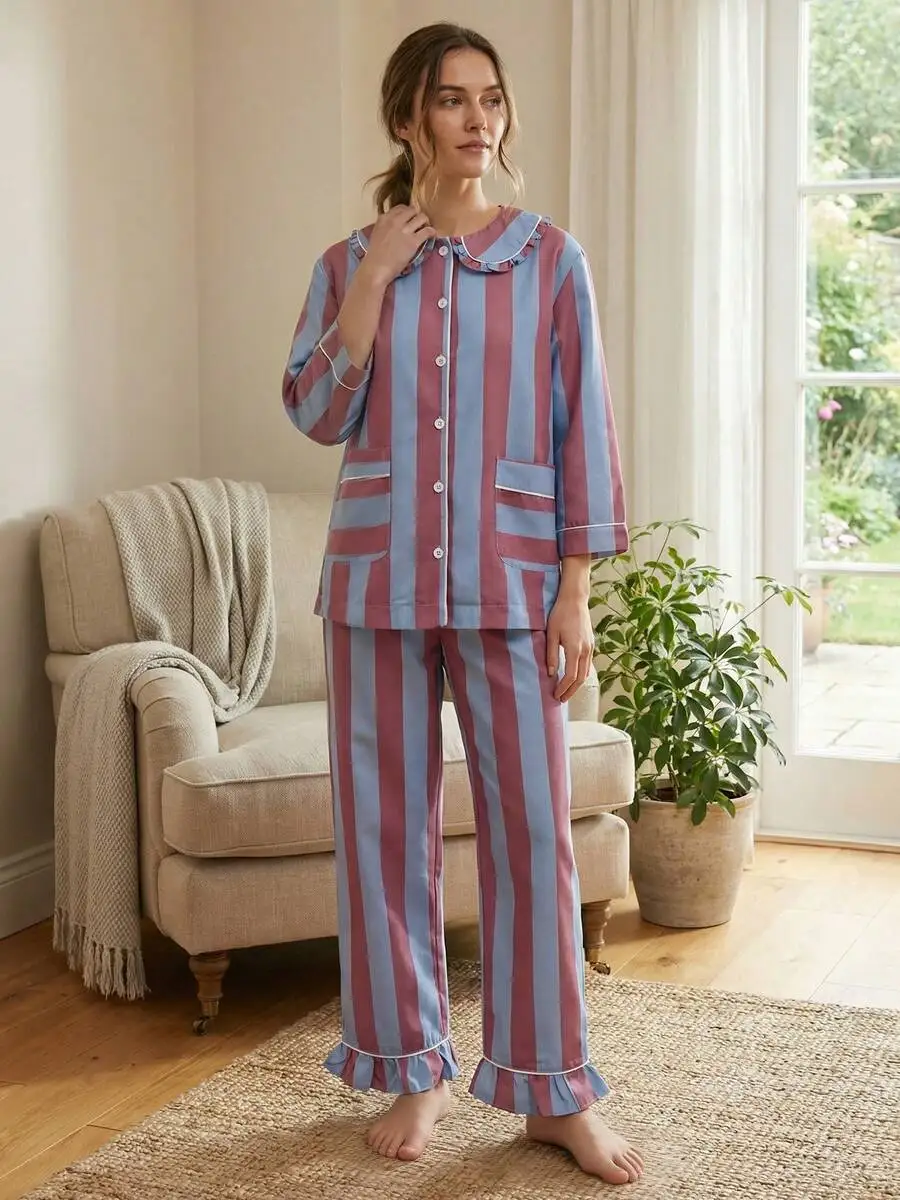 

Striped Pajama Set With Doll Collar Button Down Top And Long Pants