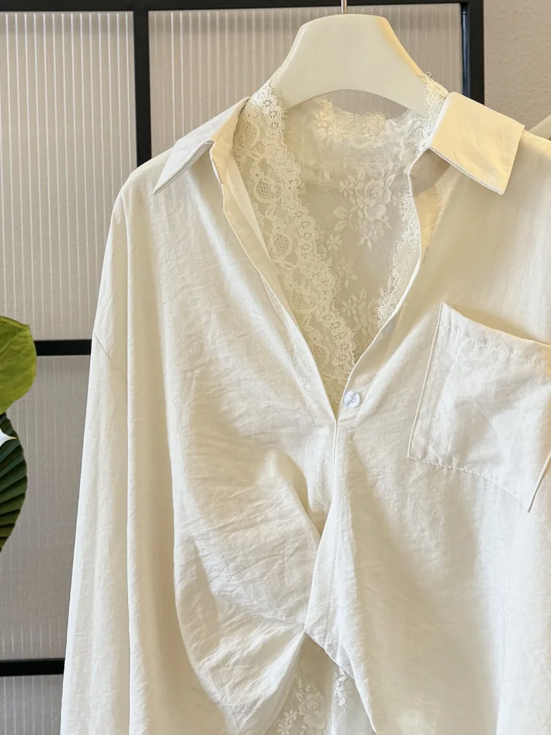 Francuski styl Elegancka dwuczęściowa koszula damska Wiosna Nowa koronkowa kamizelka z dekoltem w szpic Kołnierzyk z długim rękawem Kieszenie Koszule Temperament