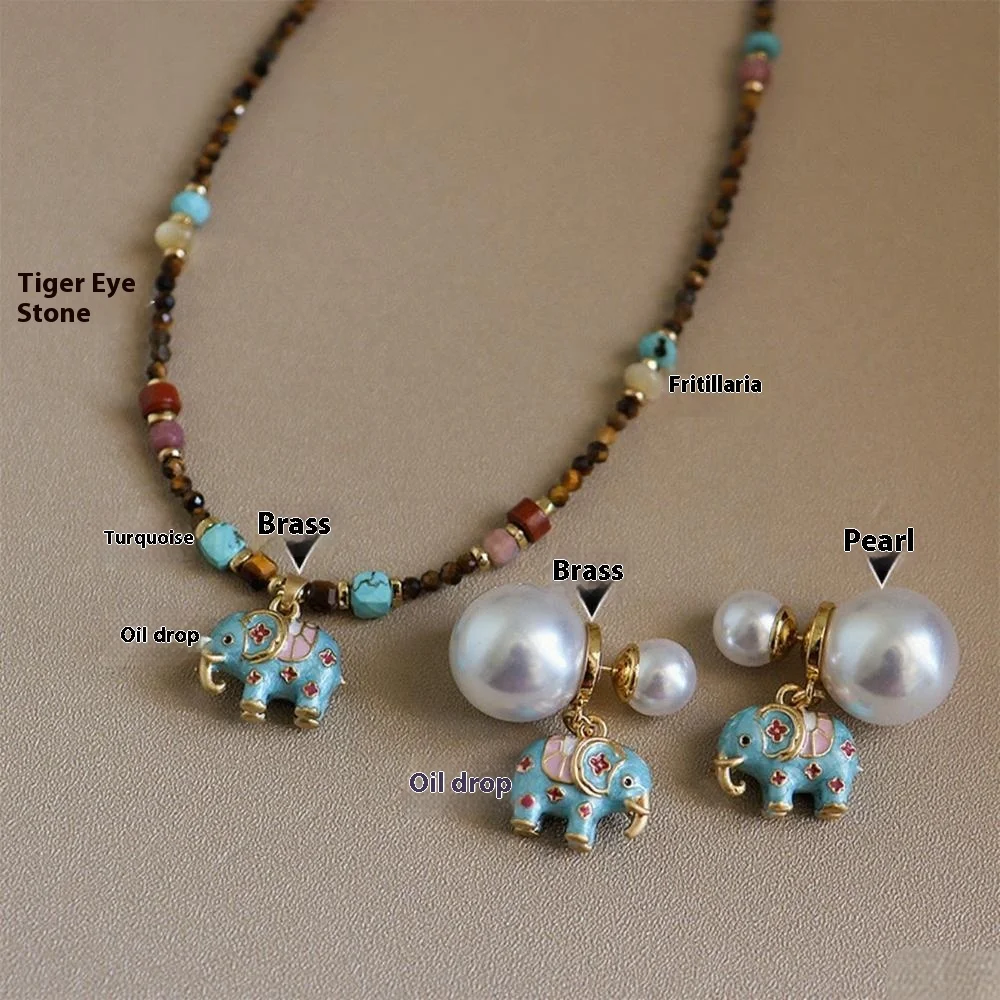 

New vintage oil dripping baby elephant tiger's eye turquoise pearl necklace Women Party Jewelry Trendy