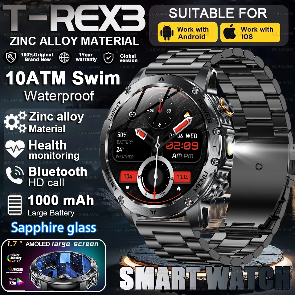 

New Outdoor T-Rex3 GPS Sports Smart Watch Men 1.70"HD AMOLED 1000mAh Large Battery LED Flashlight 10ATM Waterproof Call Bracelet