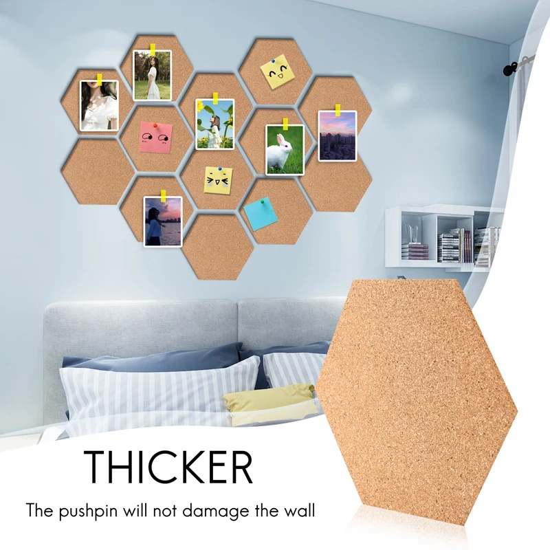 6pcs Hexagon Cork Board Telhas auto-adesivas grossas Corkboards para parede Memo Boards Pin Board Placa de boletim decorativo