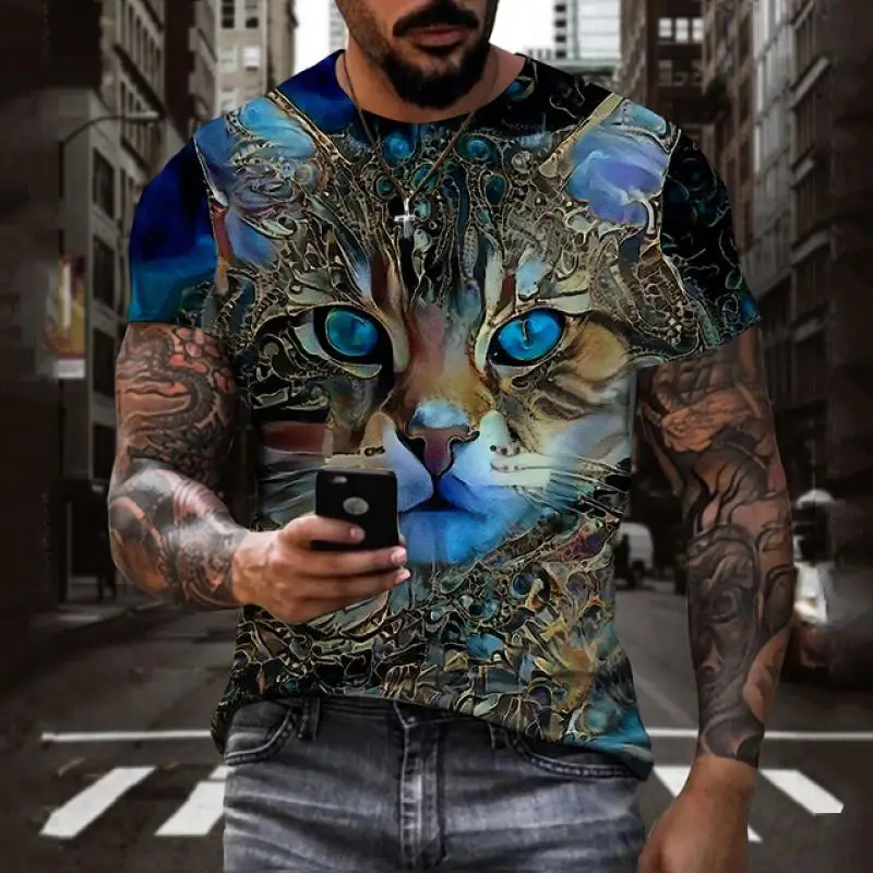 Men Sparkly Blue Cat 3D Print T Shirt Crew Neck Short Sleeve Men Streetwear Casual Tops