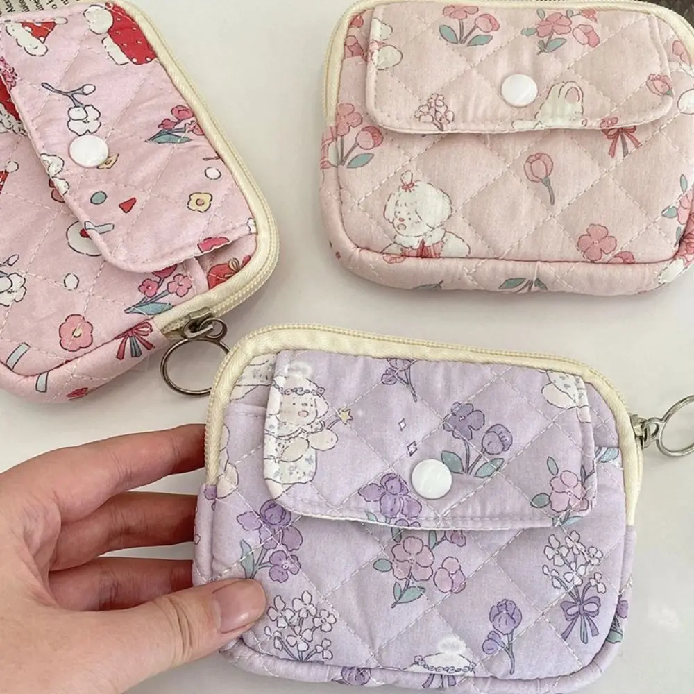 Kawaii Floral Coin Purse Cartoon Printing Korean Style Small Makeup Lipstick Bag Card Holder Jewelry Packing Bag