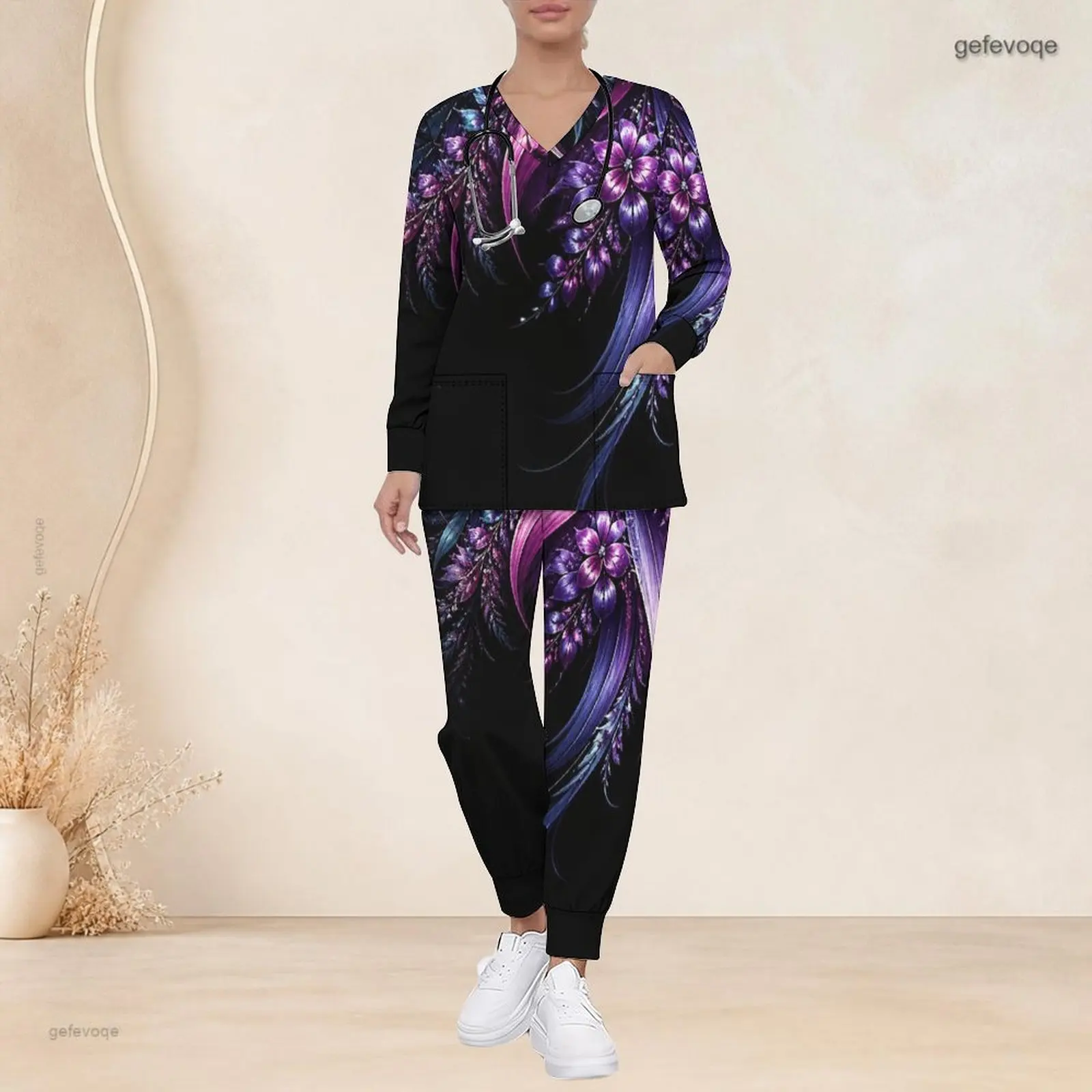 Women Black Purple Blue Floral Printed V Neck Long Sleeve Scrub Two Piece Set with Pockets