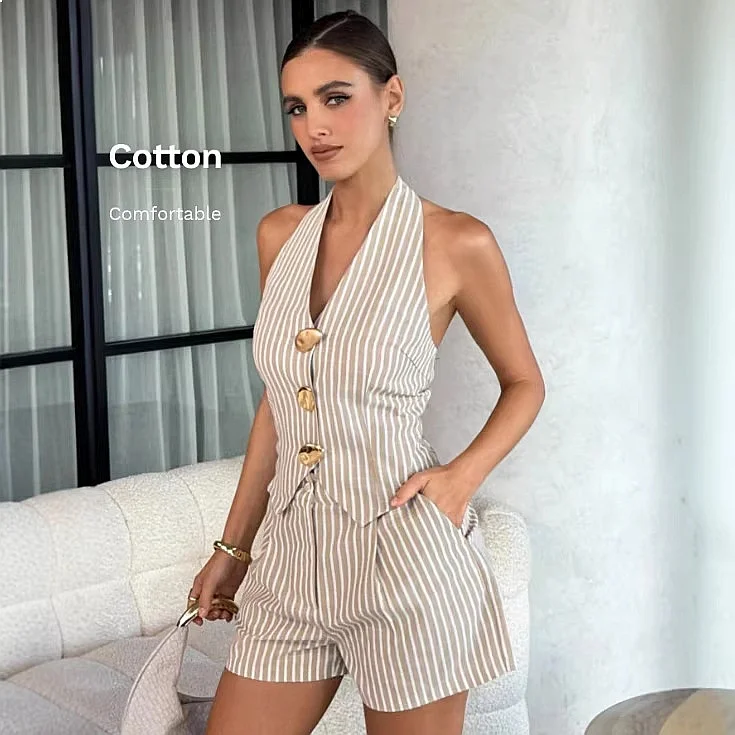 V Neck Metal Buckle Halter Backless Vest Shorts Matching Set Summer Outfits Jumpsuit Playsuit