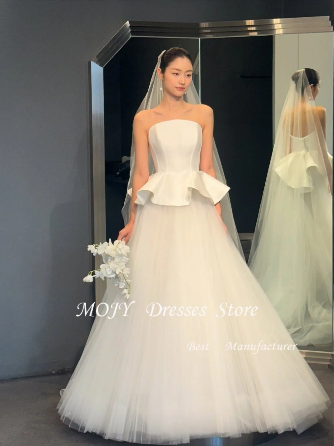 Oloey uma linha de tule cetim personalizado vestidos de casamento botões sem alças até o chão longo formal vestidos de noiva feminino vestido de casamento